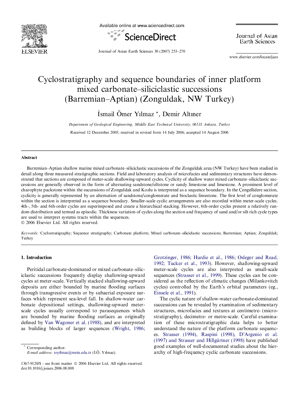 Cyclostratigraphy and sequence boundaries of inner platform mixed carbonate–siliciclastic successions (Barremian–Aptian) (Zonguldak, NW Turkey)