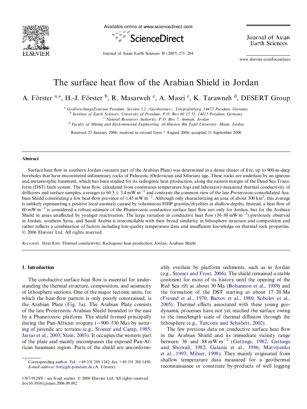 The surface heat flow of the Arabian Shield in Jordan