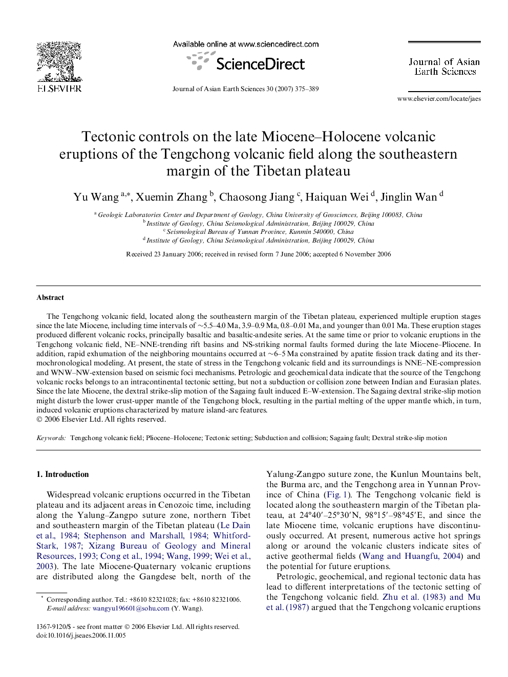 Tectonic controls on the late Miocene–Holocene volcanic eruptions of the Tengchong volcanic field along the southeastern margin of the Tibetan plateau