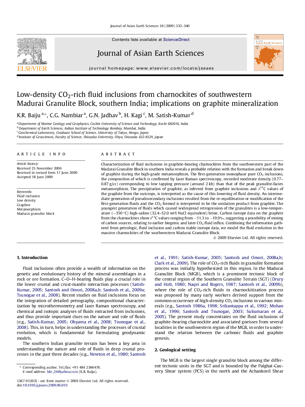 عکس صفحه اول مقاله: Low-density CO2-rich fluid inclusions from charnockites of southwestern Madurai Granulite Block, southern India; implications on graphite mineralization Low-density CO2-rich fluid inclusions from charnockites of southwestern Madurai Granulite Block, southern India; implications on graphite mineralization