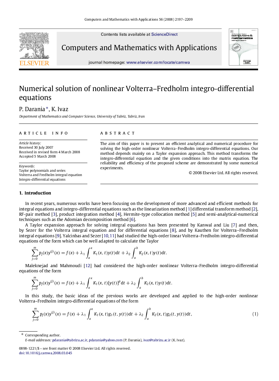 Numerical solution of nonlinear Volterra–Fredholm integro-differential equations