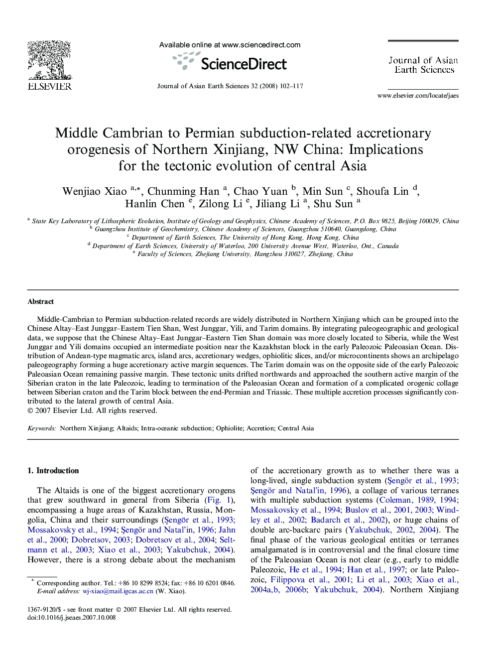 Middle Cambrian to Permian subduction-related accretionary orogenesis of Northern Xinjiang, NW China: Implications for the tectonic evolution of central Asia