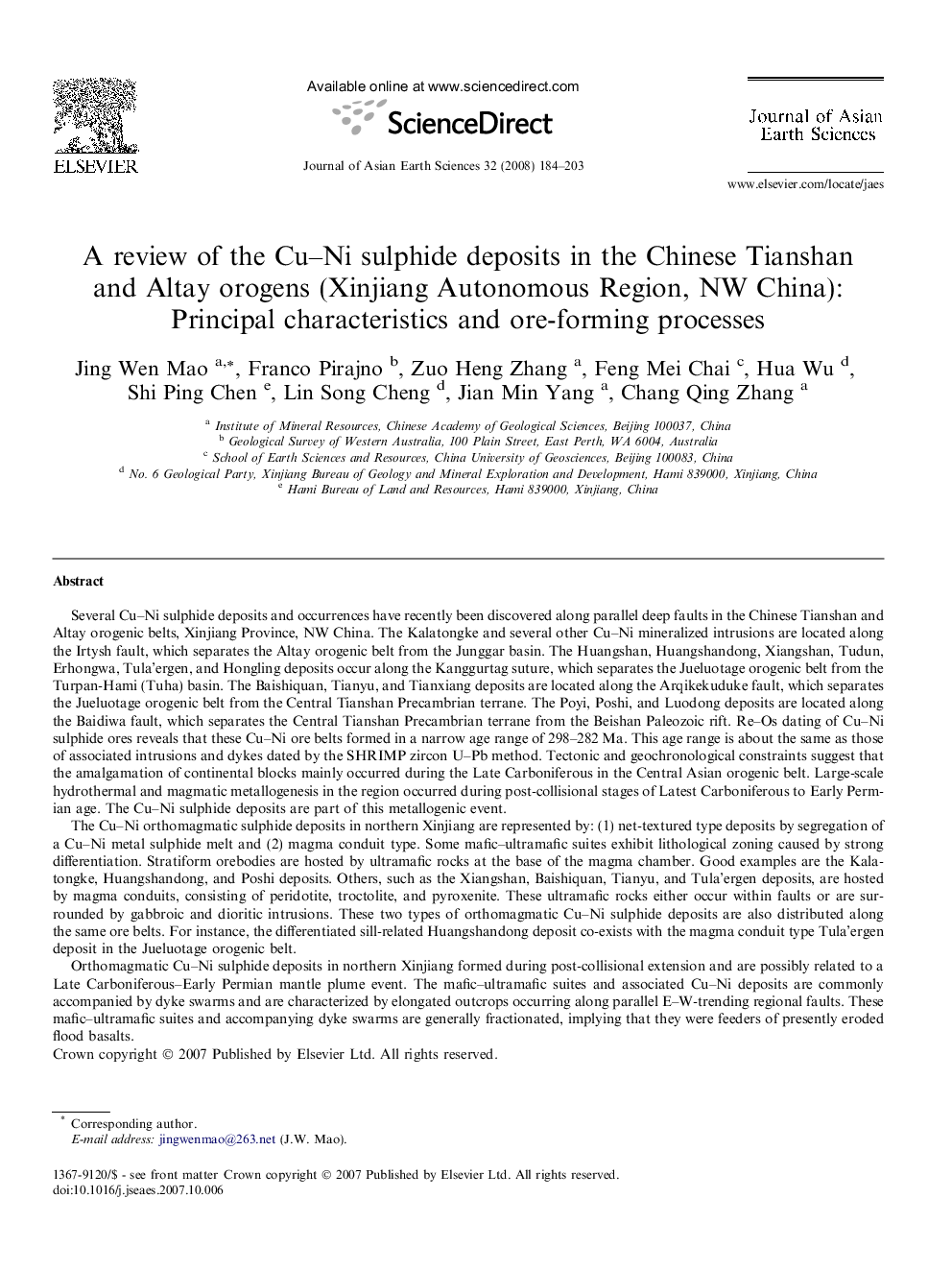 A review of the Cu–Ni sulphide deposits in the Chinese Tianshan and Altay orogens (Xinjiang Autonomous Region, NW China): Principal characteristics and ore-forming processes