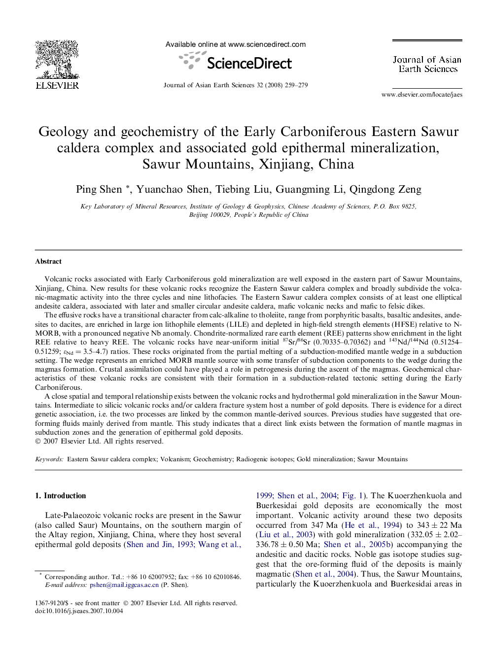 Geology and geochemistry of the Early Carboniferous Eastern Sawur caldera complex and associated gold epithermal mineralization, Sawur Mountains, Xinjiang, China