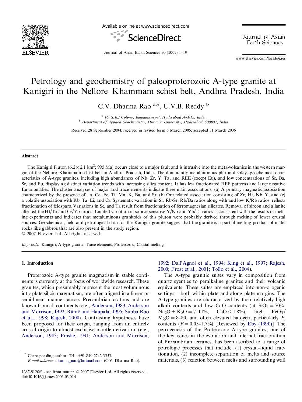 Petrology and geochemistry of paleoproterozoic A-type granite at Kanigiri in the Nellore–Khammam schist belt, Andhra Pradesh, India