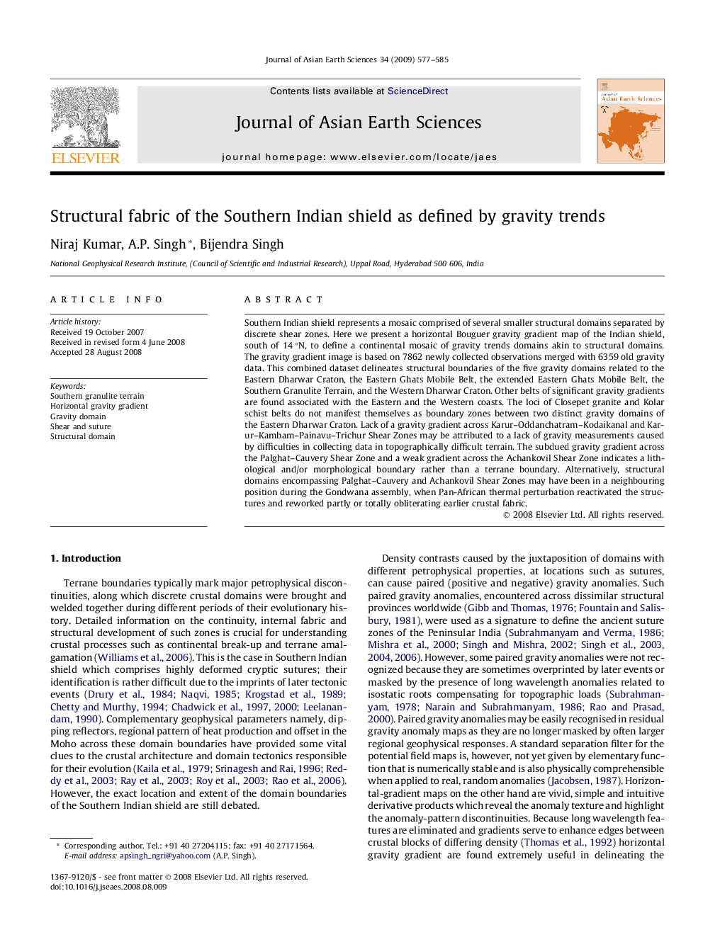 Structural fabric of the Southern Indian shield as defined by gravity trends