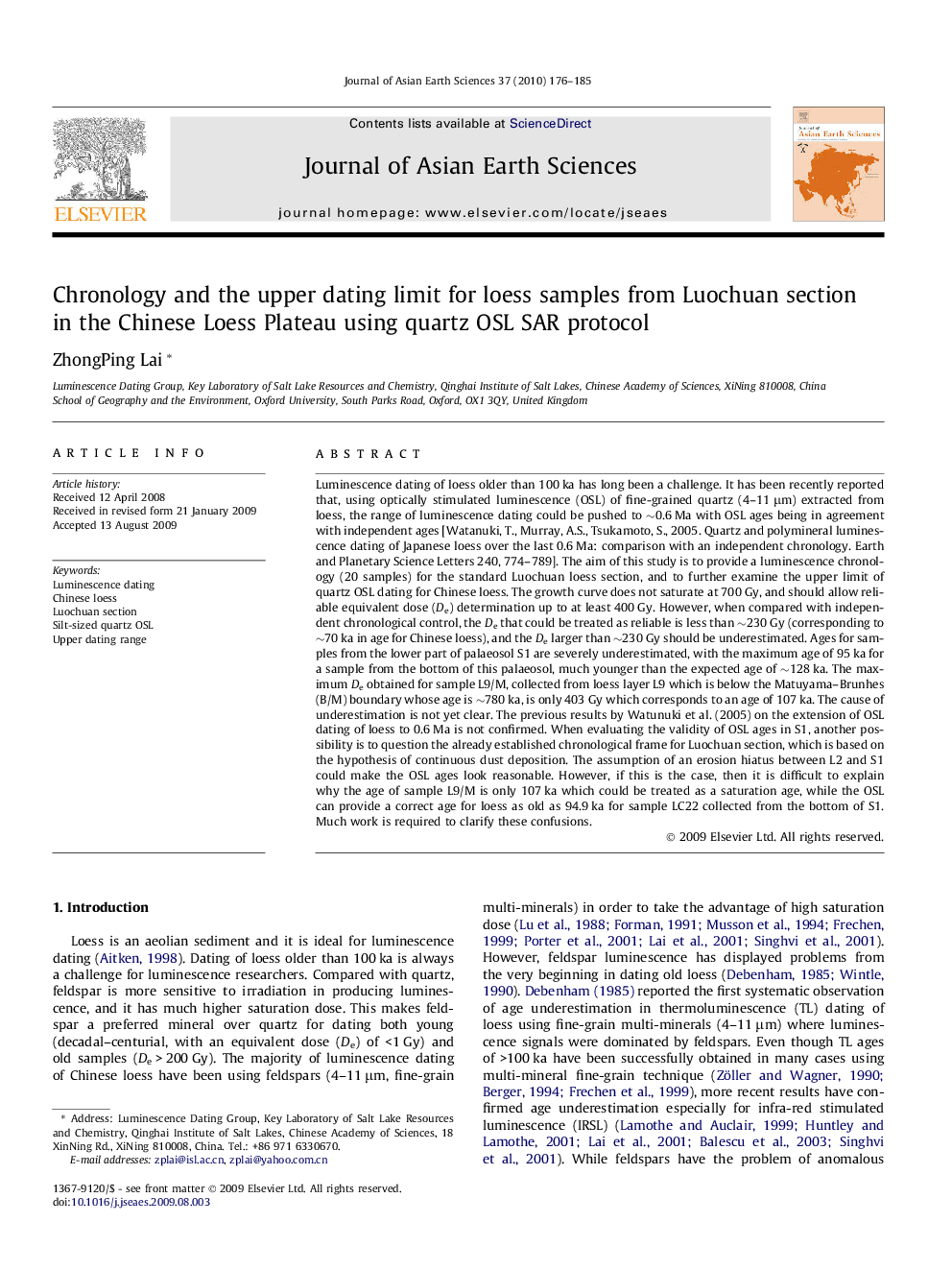 Chronology and the upper dating limit for loess samples from Luochuan section in the Chinese Loess Plateau using quartz OSL SAR protocol