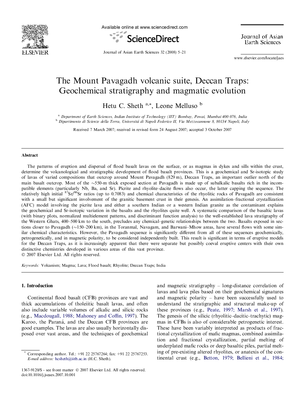 The Mount Pavagadh volcanic suite, Deccan Traps: Geochemical stratigraphy and magmatic evolution