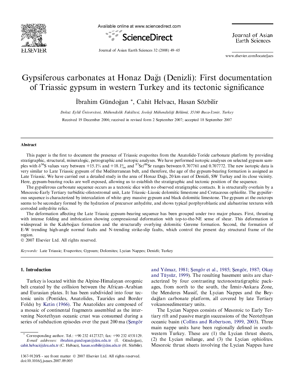 Gypsiferous carbonates at Honaz Dağı (Denizli): First documentation of Triassic gypsum in western Turkey and its tectonic significance