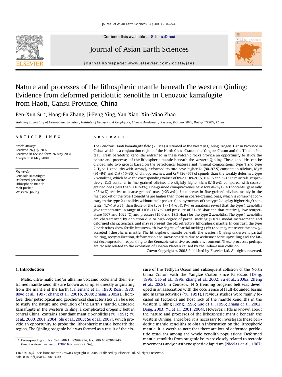 Nature and processes of the lithospheric mantle beneath the western Qinling: Evidence from deformed peridotitic xenoliths in Cenozoic kamafugite from Haoti, Gansu Province, China