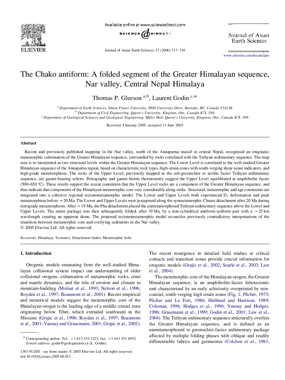 The Chako antiform: A folded segment of the Greater Himalayan sequence, Nar valley, Central Nepal Himalaya