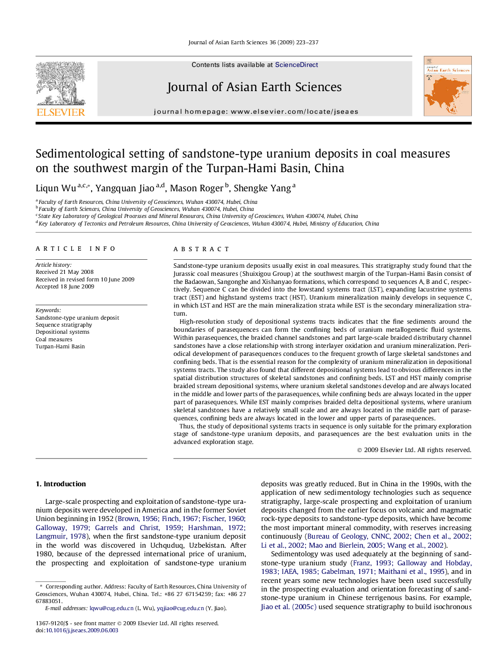 عکس صفحه اول مقاله: Sedimentological setting of sandstone-type uranium deposits in coal measures on the southwest margin of the Turpan-Hami Basin, China Sedimentological setting of sandstone-type uranium deposits in coal measures on the southwest margin of the Turpan-Hami Basin, China