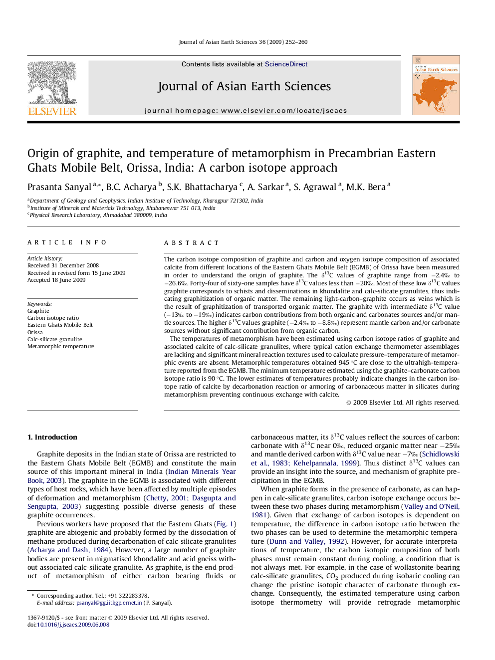 Origin of graphite, and temperature of metamorphism in Precambrian Eastern Ghats Mobile Belt, Orissa, India: A carbon isotope approach