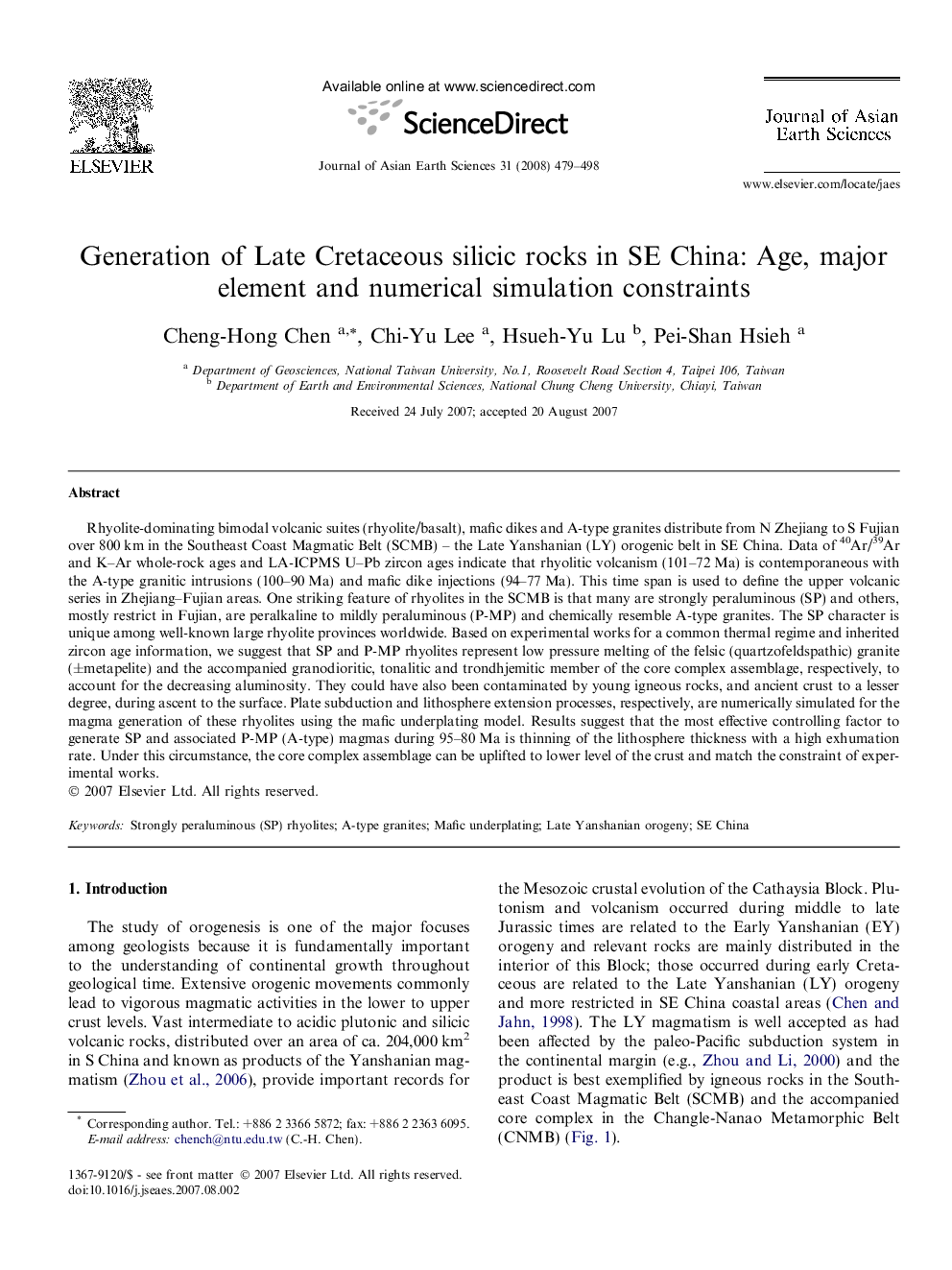 Generation of Late Cretaceous silicic rocks in SE China: Age, major element and numerical simulation constraints