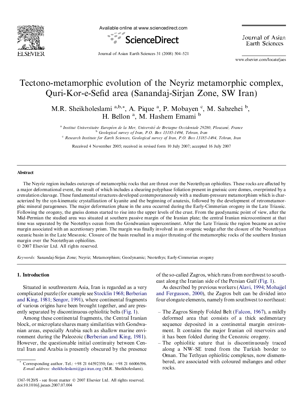 Tectono-metamorphic evolution of the Neyriz metamorphic complex, Quri-Kor-e-Sefid area (Sanandaj-Sirjan Zone, SW Iran)