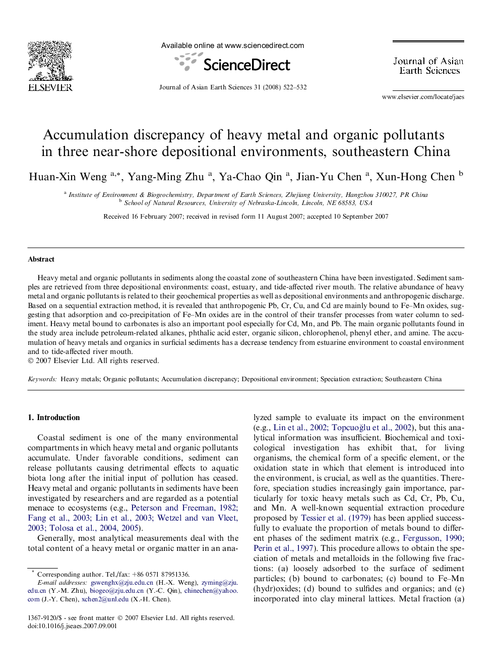 Accumulation discrepancy of heavy metal and organic pollutants in three near-shore depositional environments, southeastern China