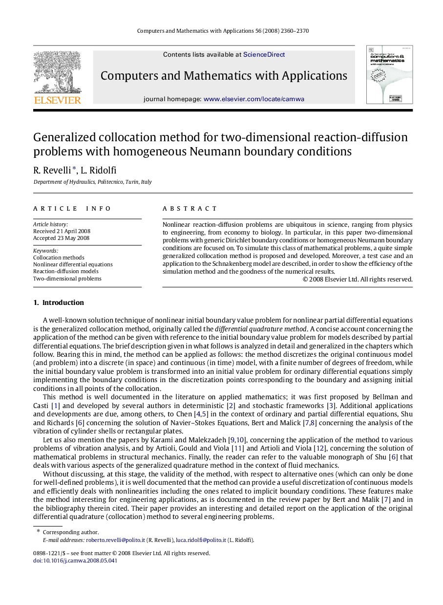 Generalized collocation method for two-dimensional reaction-diffusion problems with homogeneous Neumann boundary conditions