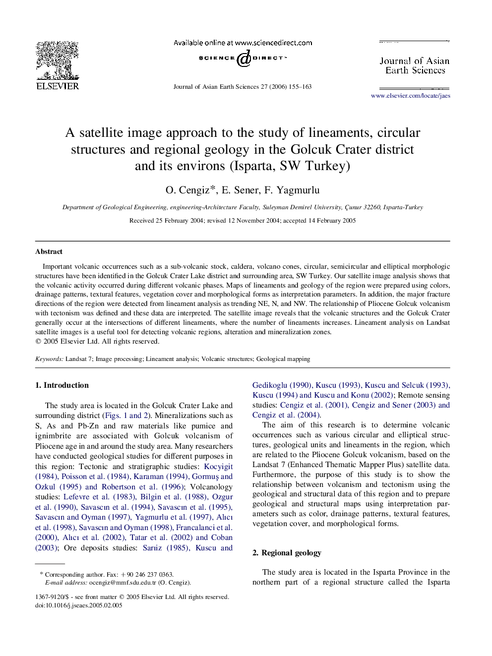 A satellite image approach to the study of lineaments, circular structures and regional geology in the Golcuk Crater district and its environs (Isparta, SW Turkey)