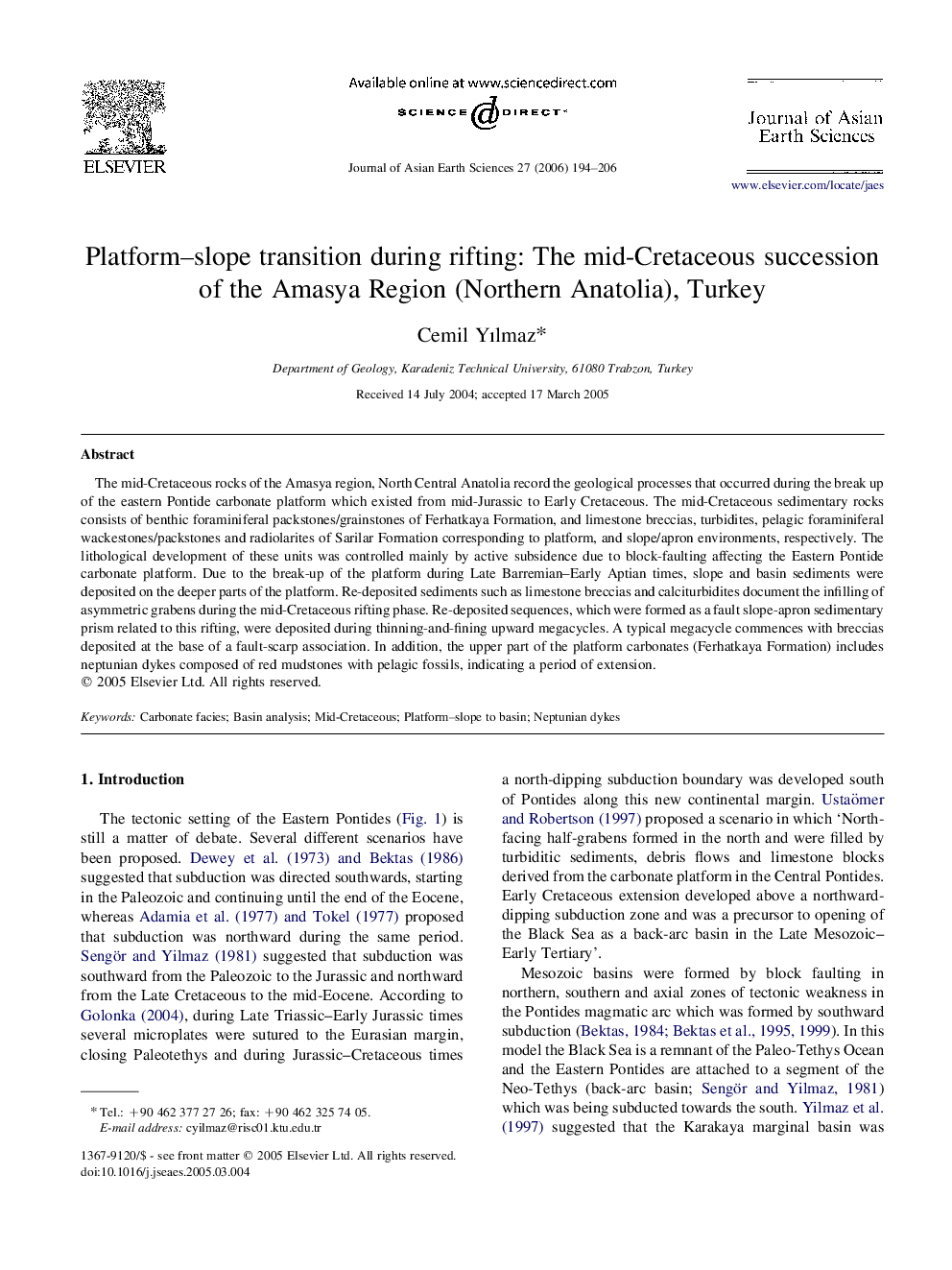 Platform–slope transition during rifting: The mid-Cretaceous succession of the Amasya Region (Northern Anatolia), Turkey