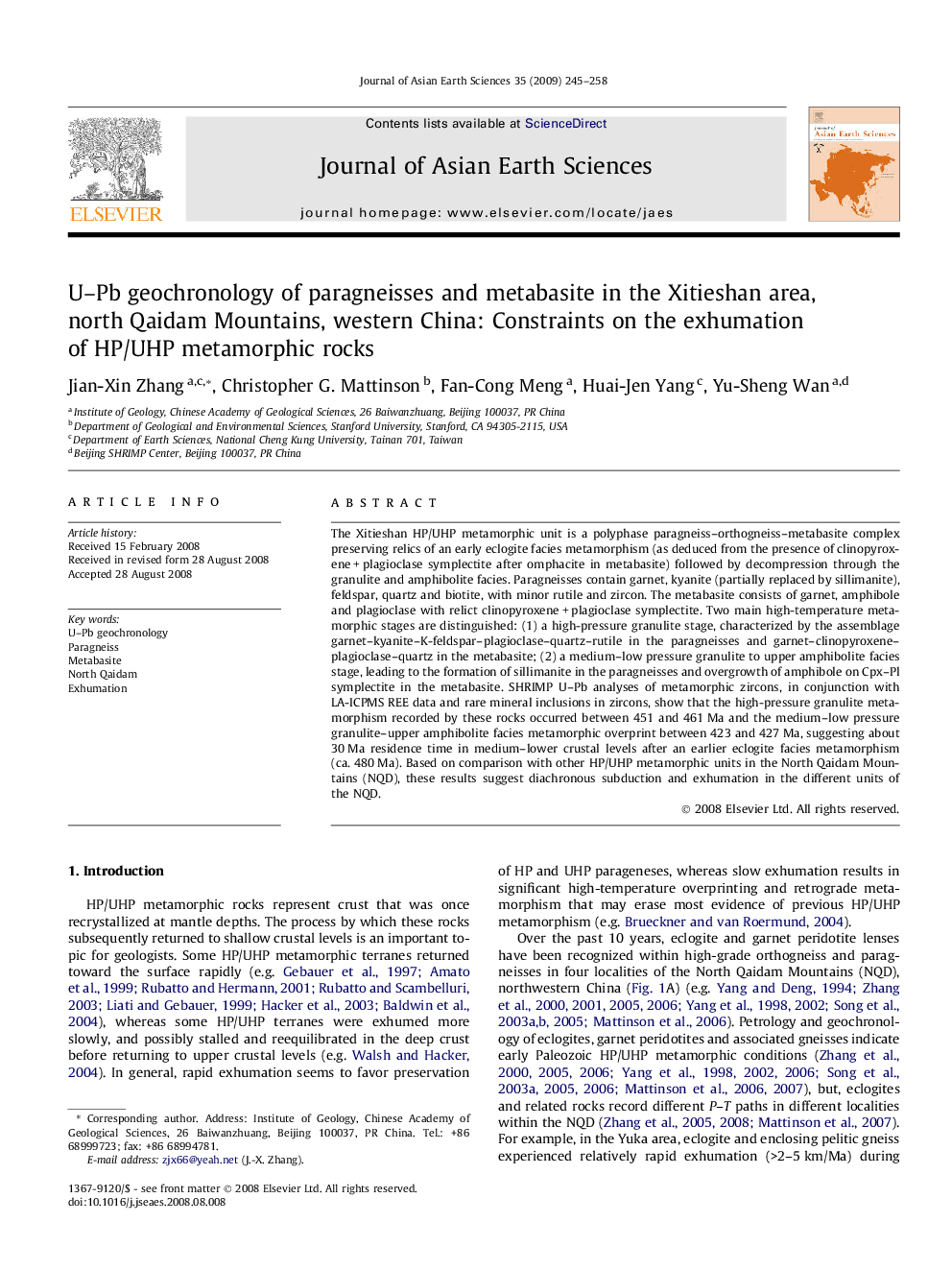 U-Pb geochronology of paragneisses and metabasite in the Xitieshan area, north Qaidam Mountains, western China: Constraints on the exhumation of HP/UHP metamorphic rocks