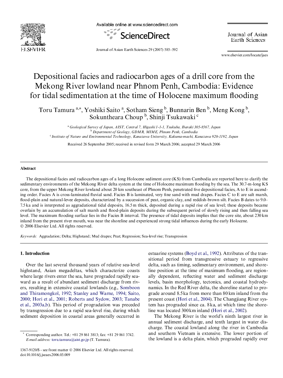 Depositional facies and radiocarbon ages of a drill core from the Mekong River lowland near Phnom Penh, Cambodia: Evidence for tidal sedimentation at the time of Holocene maximum flooding