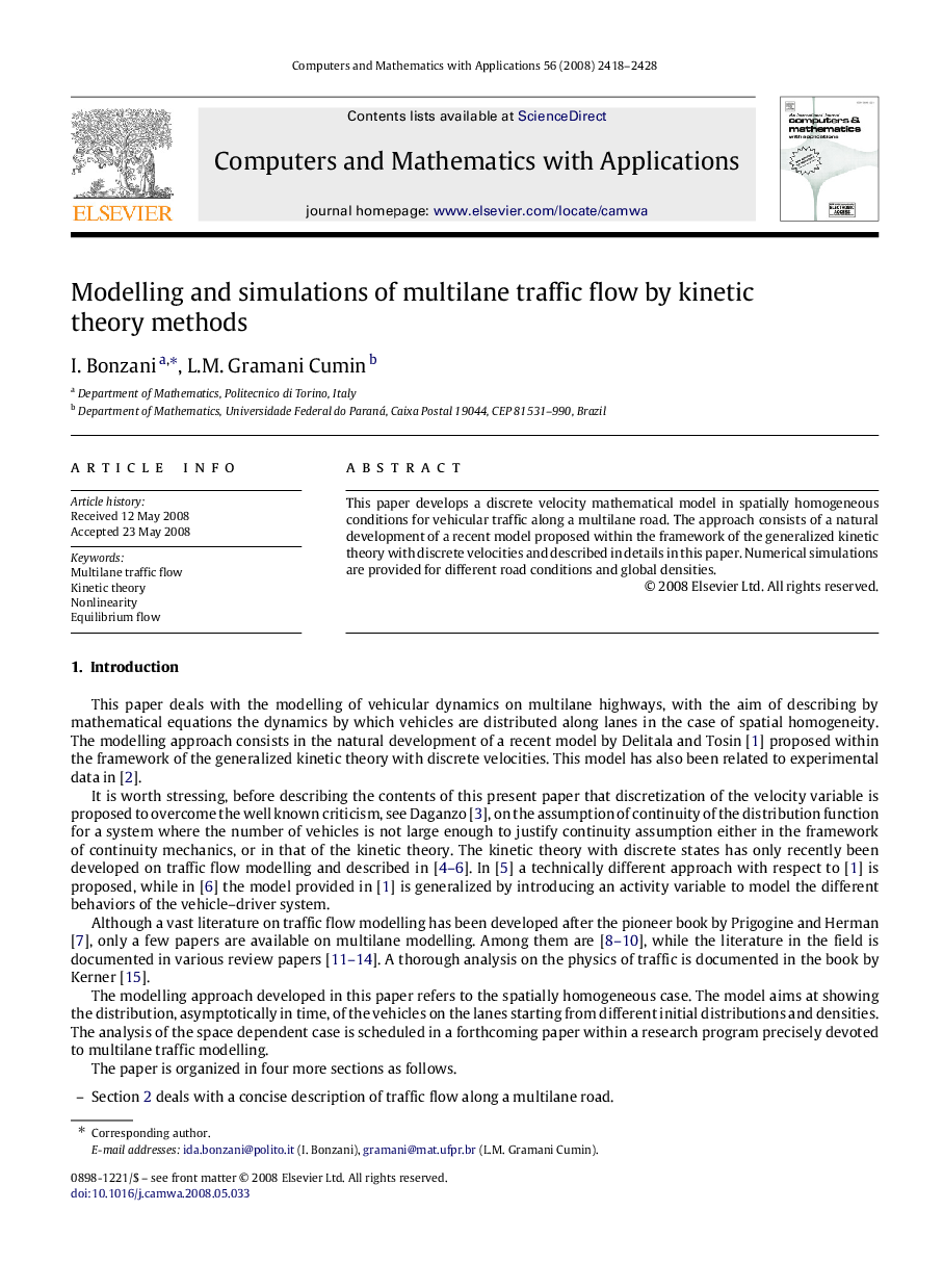 عکس صفحه اول مقاله: Modelling and simulations of multilane traffic flow by kinetic theory methods Modelling and simulations of multilane traffic flow by kinetic theory methods