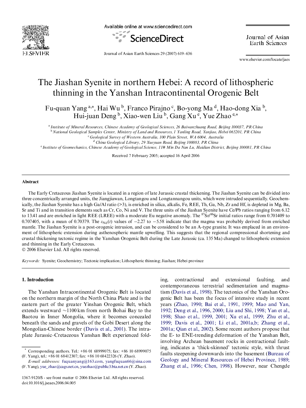 The Jiashan Syenite in northern Hebei: A record of lithospheric thinning in the Yanshan Intracontinental Orogenic Belt