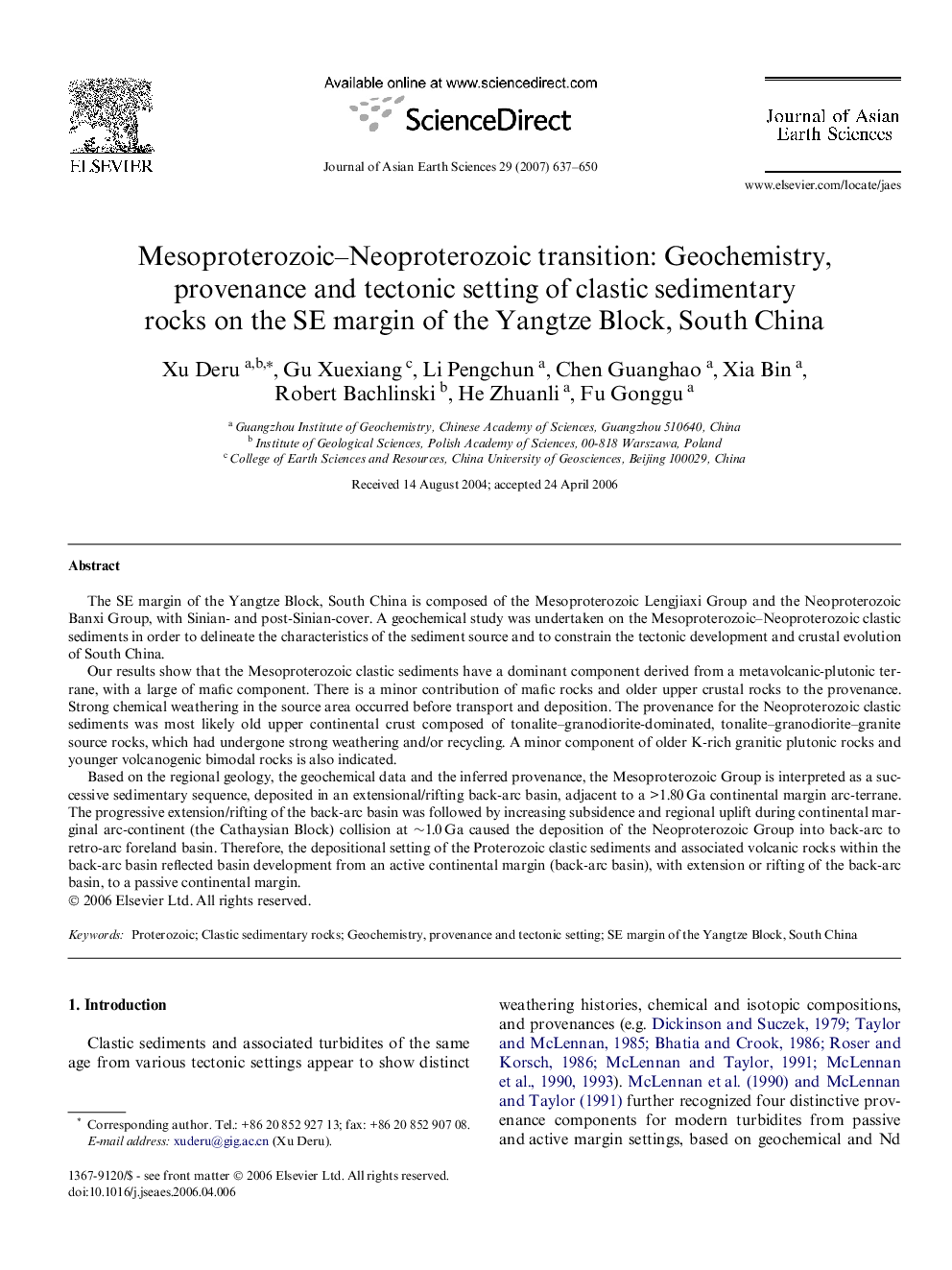 Mesoproterozoic–Neoproterozoic transition: Geochemistry, provenance and tectonic setting of clastic sedimentary rocks on the SE margin of the Yangtze Block, South China