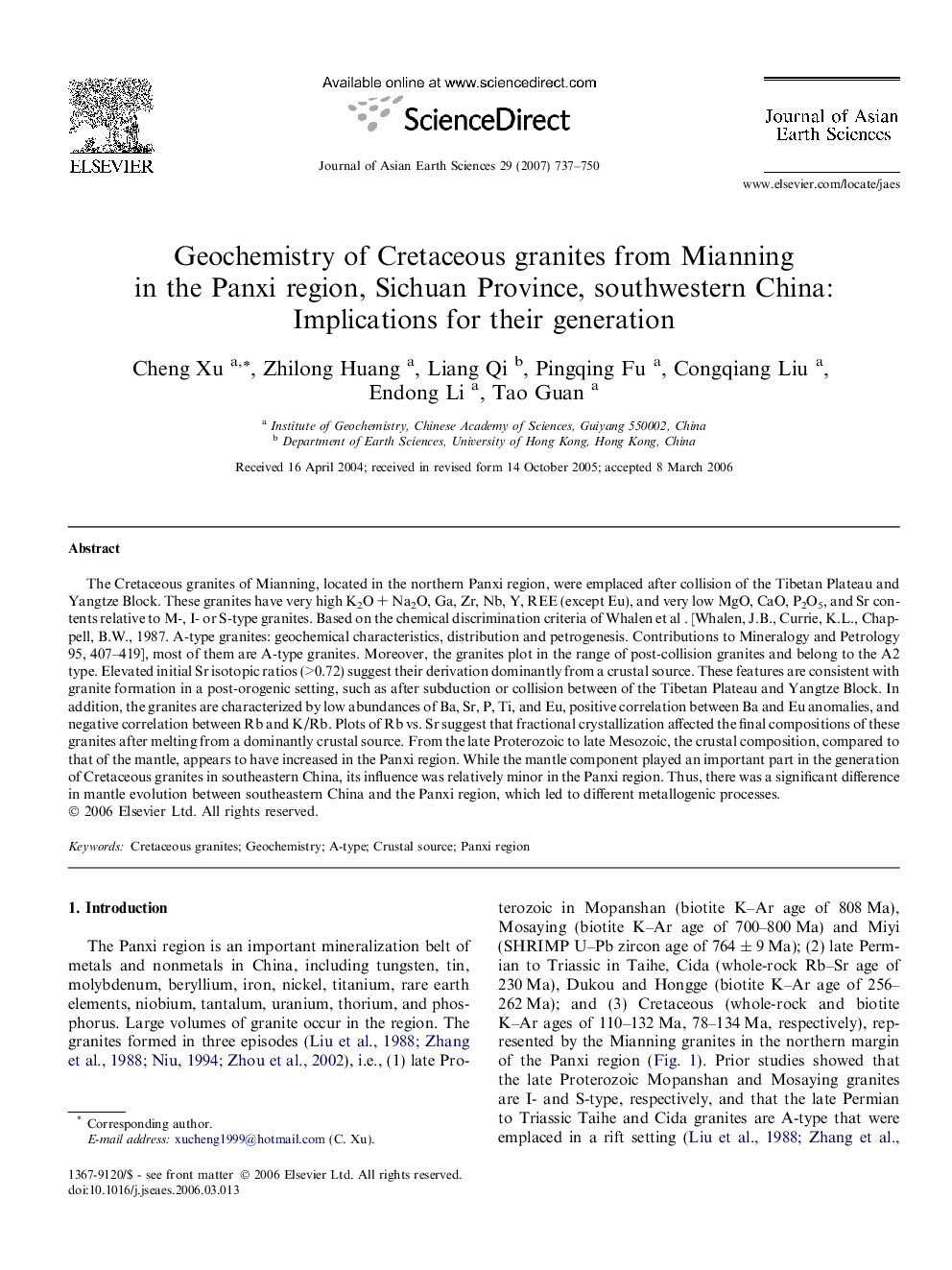 Geochemistry of Cretaceous granites from Mianning in the Panxi region, Sichuan Province, southwestern China: Implications for their generation