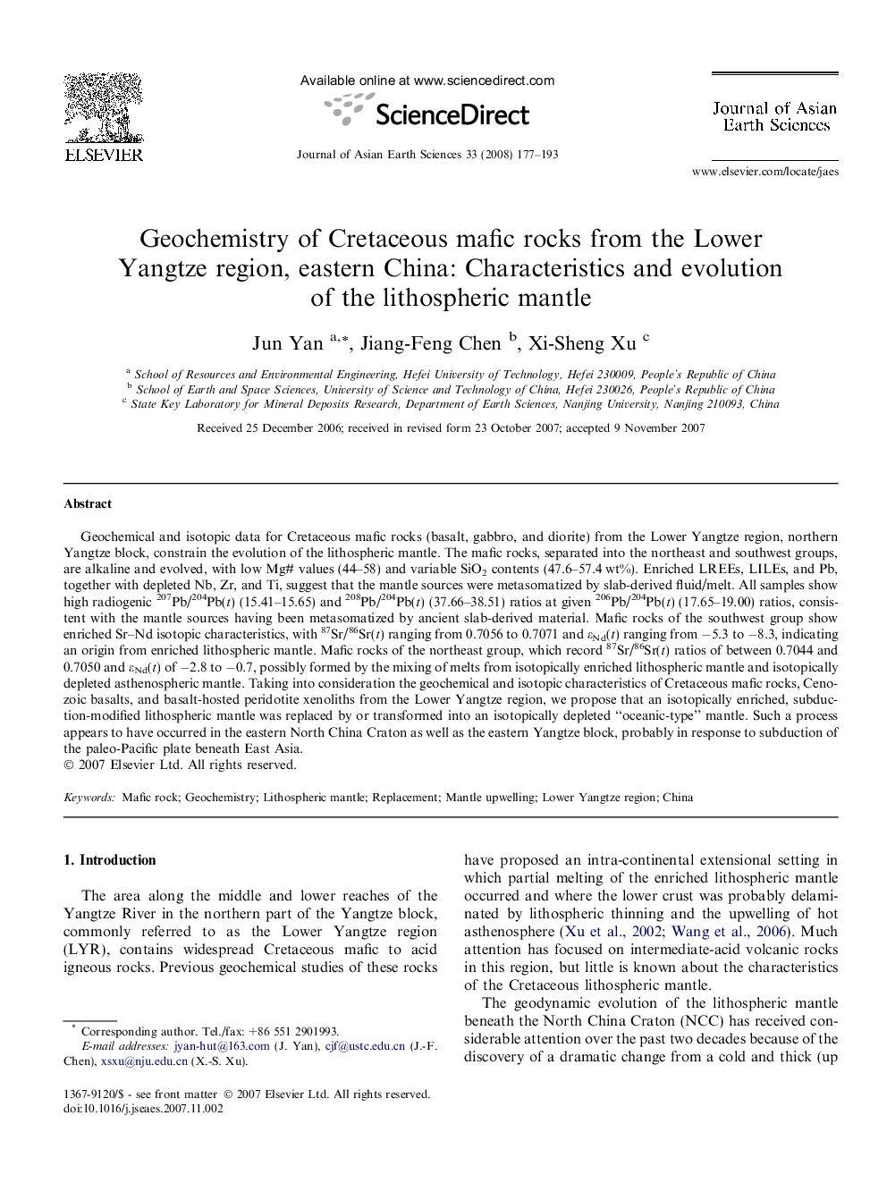 Geochemistry of Cretaceous mafic rocks from the Lower Yangtze region, eastern China: Characteristics and evolution of the lithospheric mantle