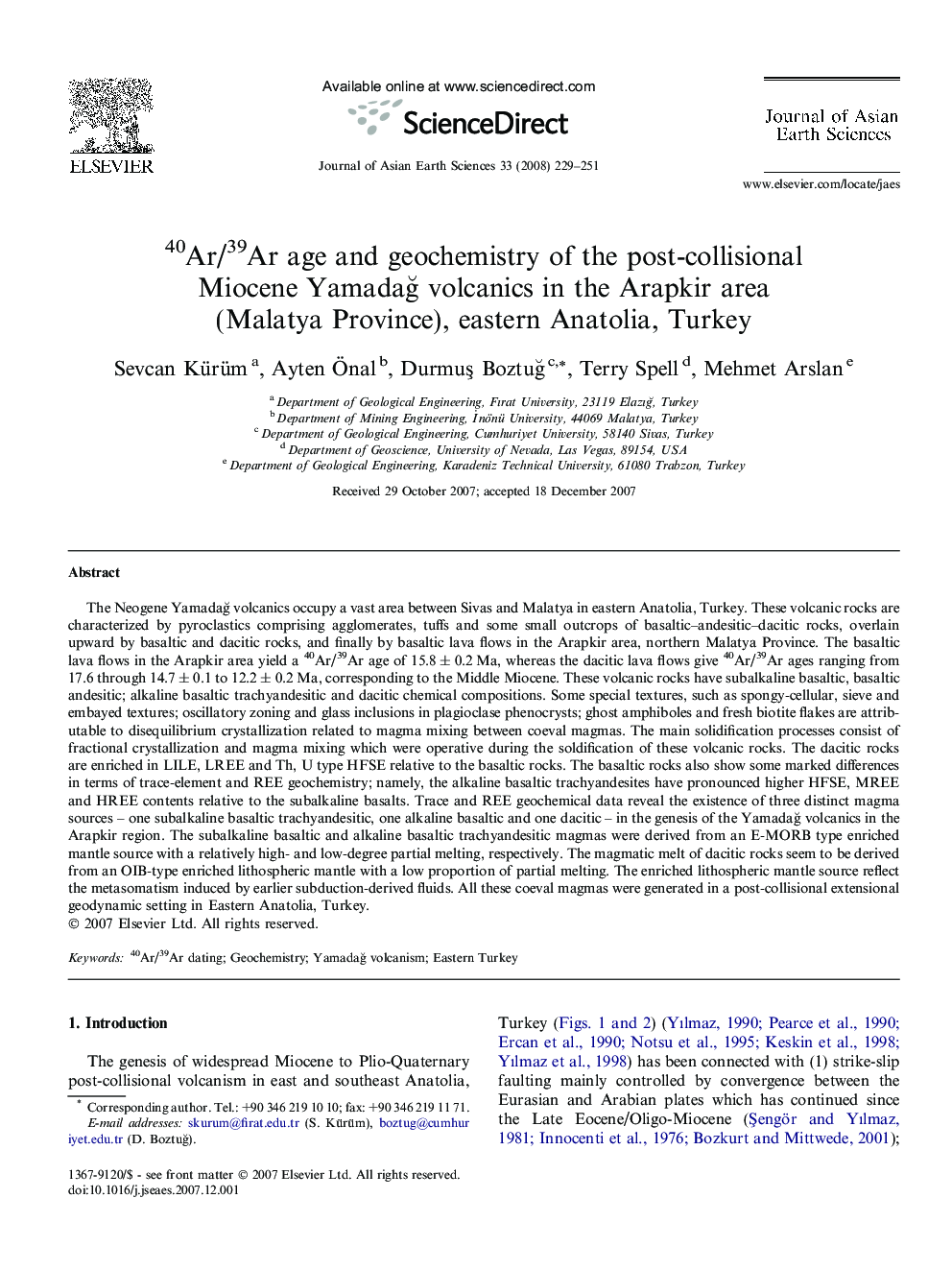 40Ar/39Ar age and geochemistry of the post-collisional Miocene Yamadağ volcanics in the Arapkir area (Malatya Province), eastern Anatolia, Turkey