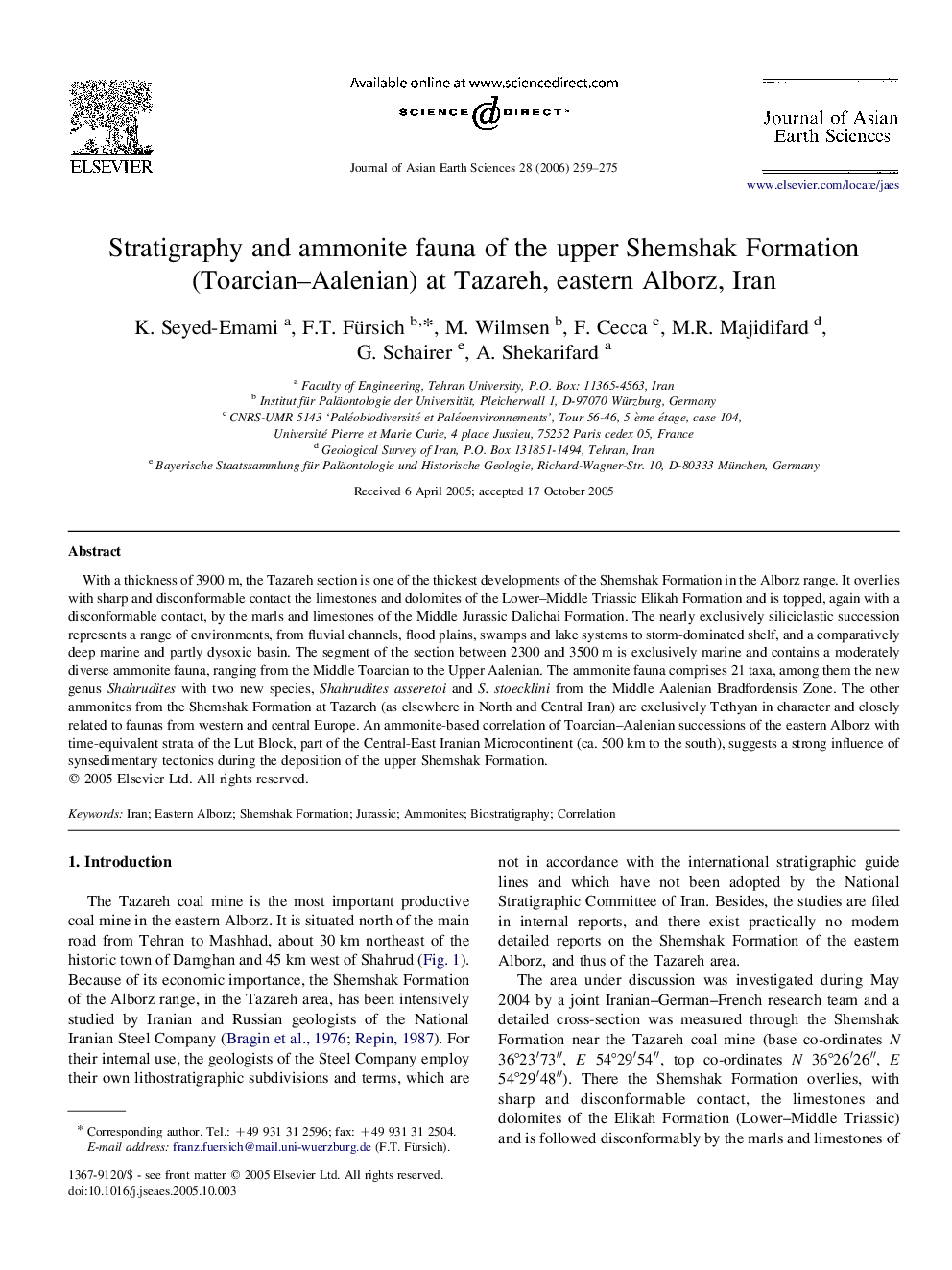 Stratigraphy and ammonite fauna of the upper Shemshak Formation (Toarcian–Aalenian) at Tazareh, eastern Alborz, Iran