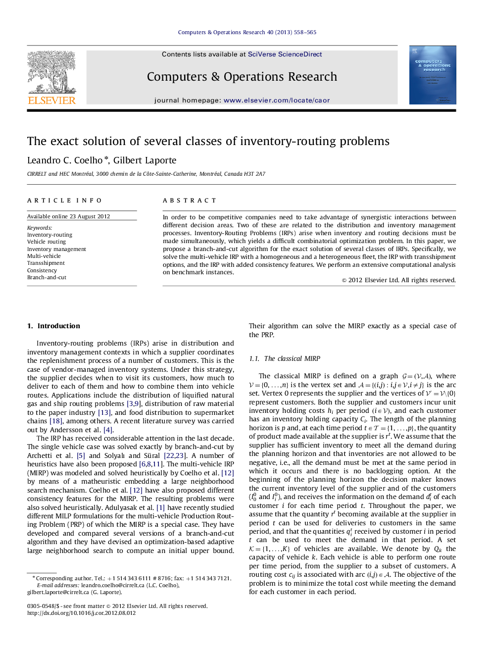 The exact solution of several classes of inventory-routing problems