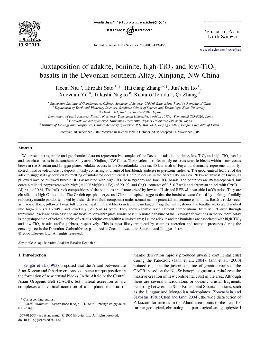 Juxtaposition of adakite, boninite, high-TiO2 and low-TiO2 basalts in the Devonian southern Altay, Xinjiang, NW China