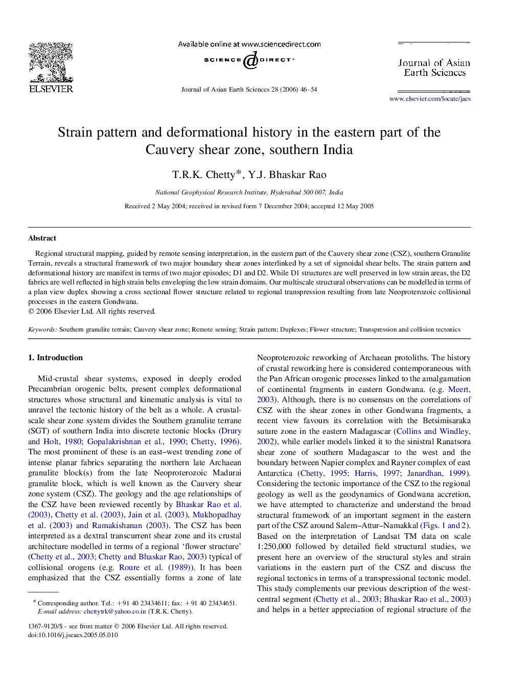 Strain pattern and deformational history in the eastern part of the Cauvery shear zone, southern India