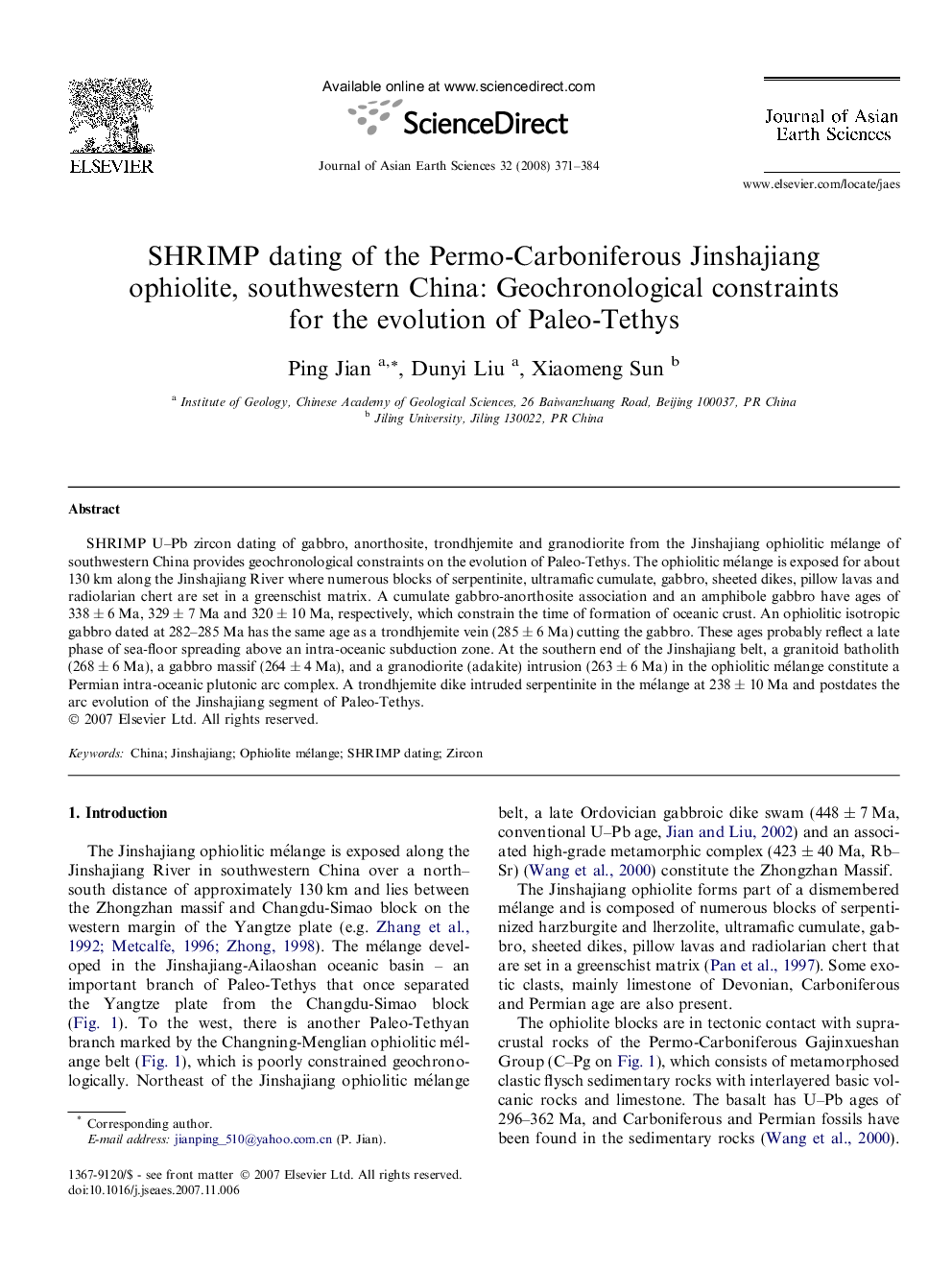 SHRIMP dating of the Permo-Carboniferous Jinshajiang ophiolite, southwestern China: Geochronological constraints for the evolution of Paleo-Tethys