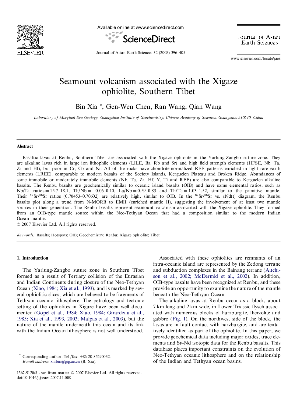 Seamount volcanism associated with the Xigaze ophiolite, Southern Tibet