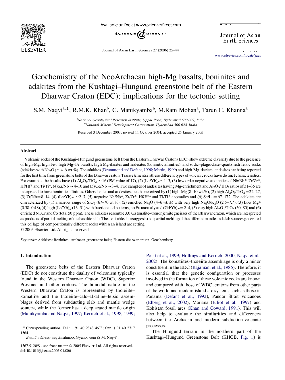 Geochemistry of the NeoArchaean high-Mg basalts, boninites and adakites from the Kushtagi–Hungund greenstone belt of the Eastern Dharwar Craton (EDC); implications for the tectonic setting