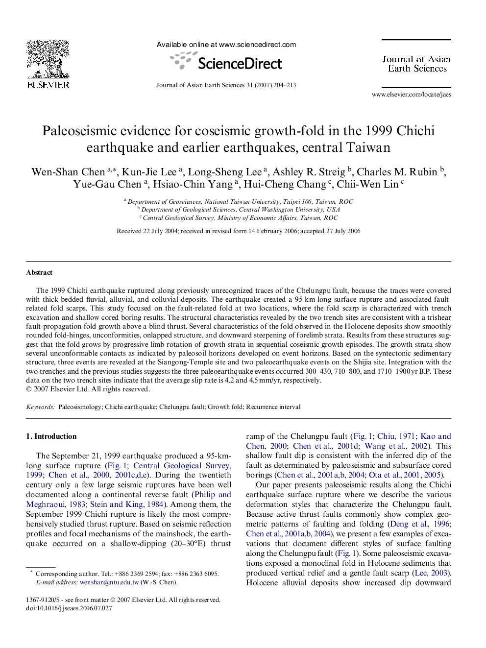 Paleoseismic evidence for coseismic growth-fold in the 1999 Chichi earthquake and earlier earthquakes, central Taiwan