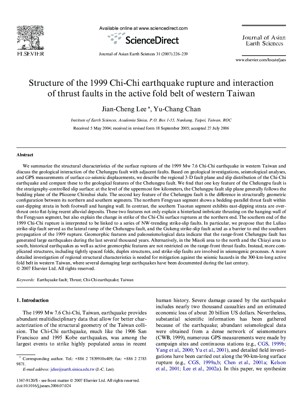 Structure of the 1999 Chi-Chi earthquake rupture and interaction of thrust faults in the active fold belt of western Taiwan