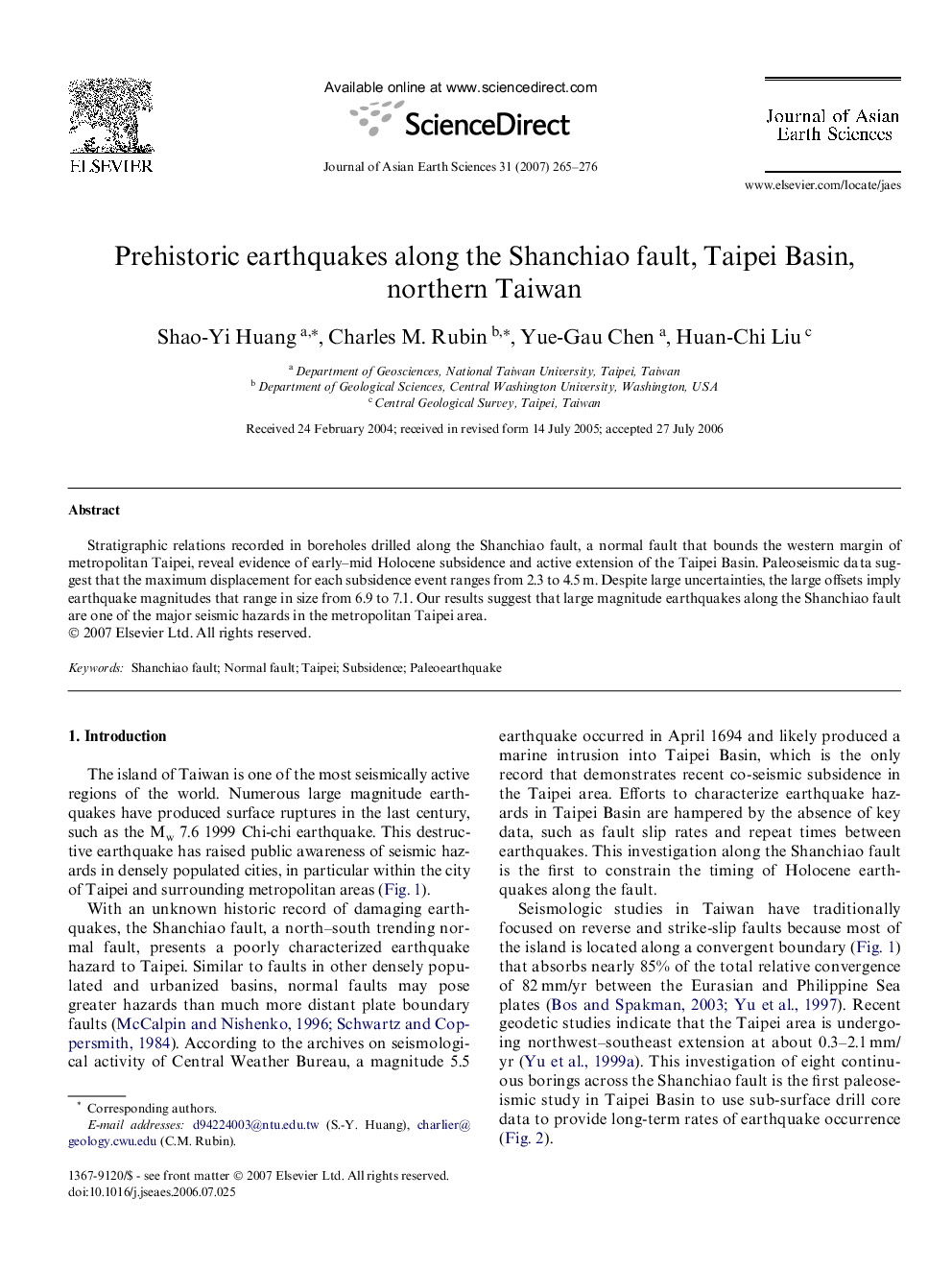 Prehistoric earthquakes along the Shanchiao fault, Taipei Basin, northern Taiwan