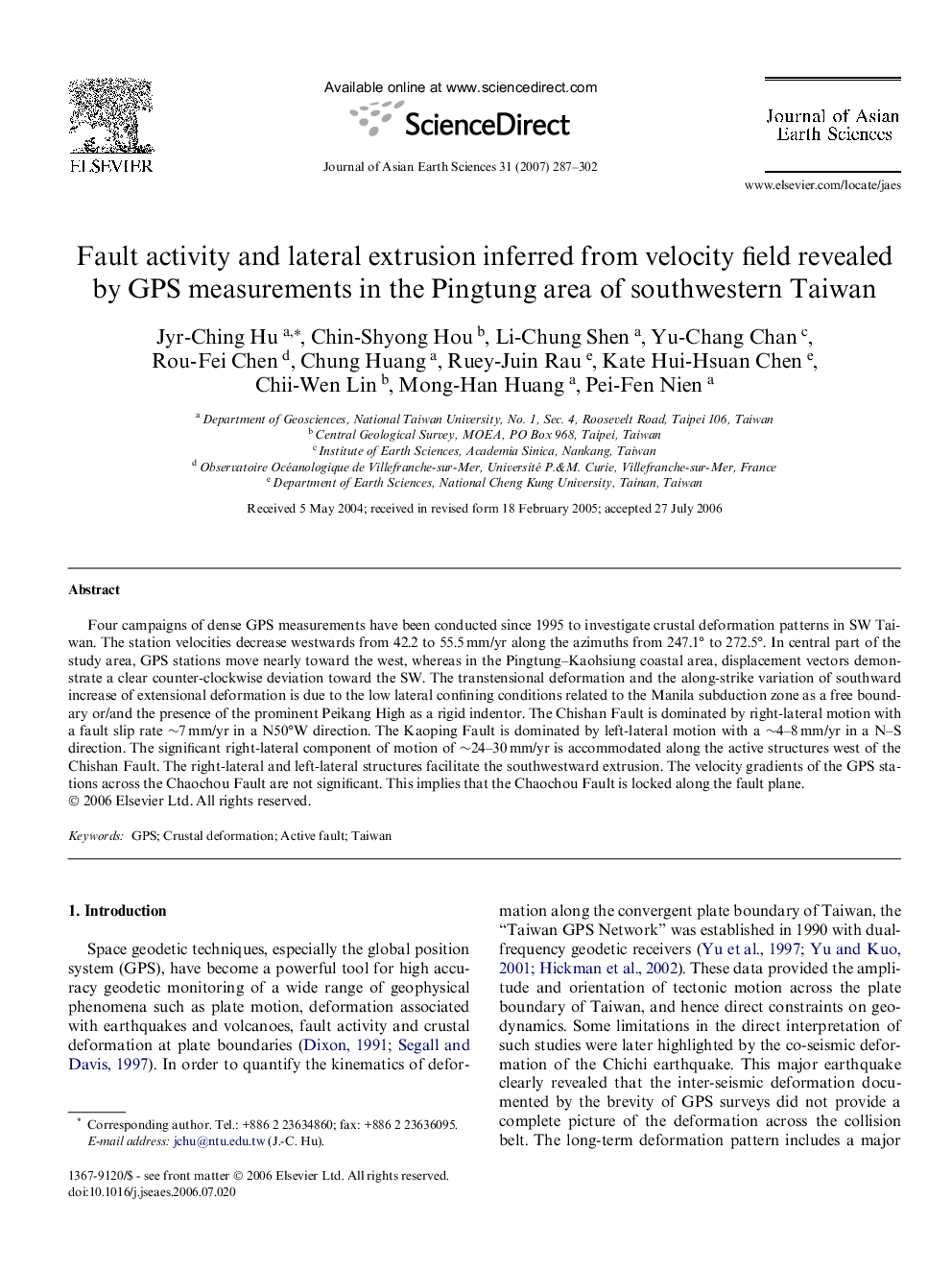 Fault activity and lateral extrusion inferred from velocity field revealed by GPS measurements in the Pingtung area of southwestern Taiwan