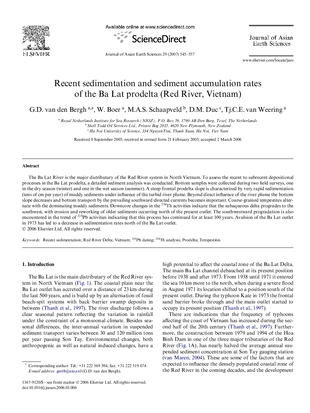 Recent sedimentation and sediment accumulation rates of the Ba Lat prodelta (Red River, Vietnam)