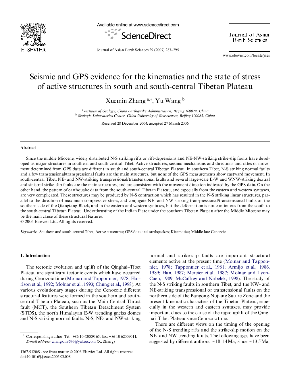 Seismic and GPS evidence for the kinematics and the state of stress of active structures in south and south-central Tibetan Plateau