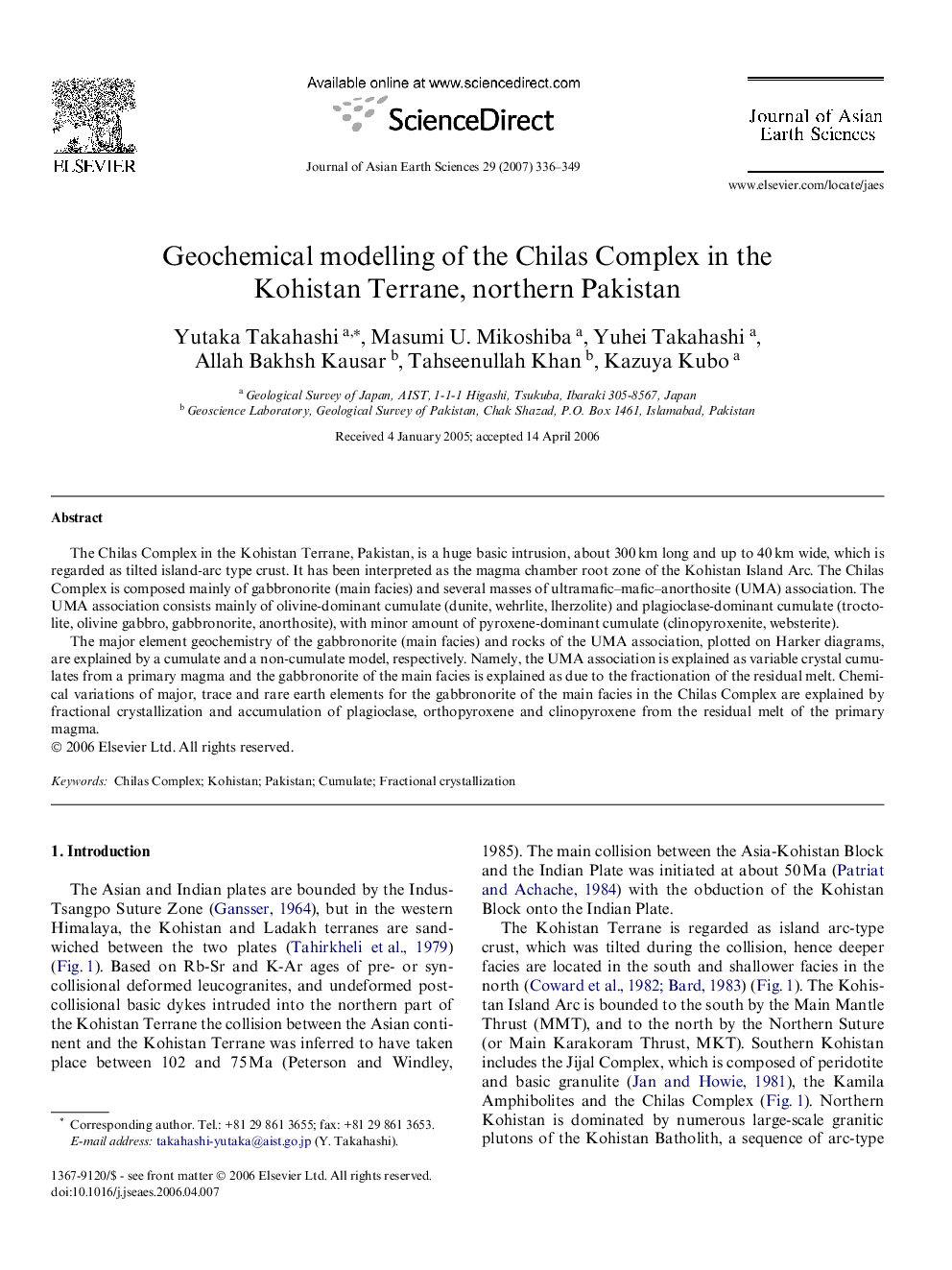 Geochemical modelling of the Chilas Complex in the Kohistan Terrane, northern Pakistan