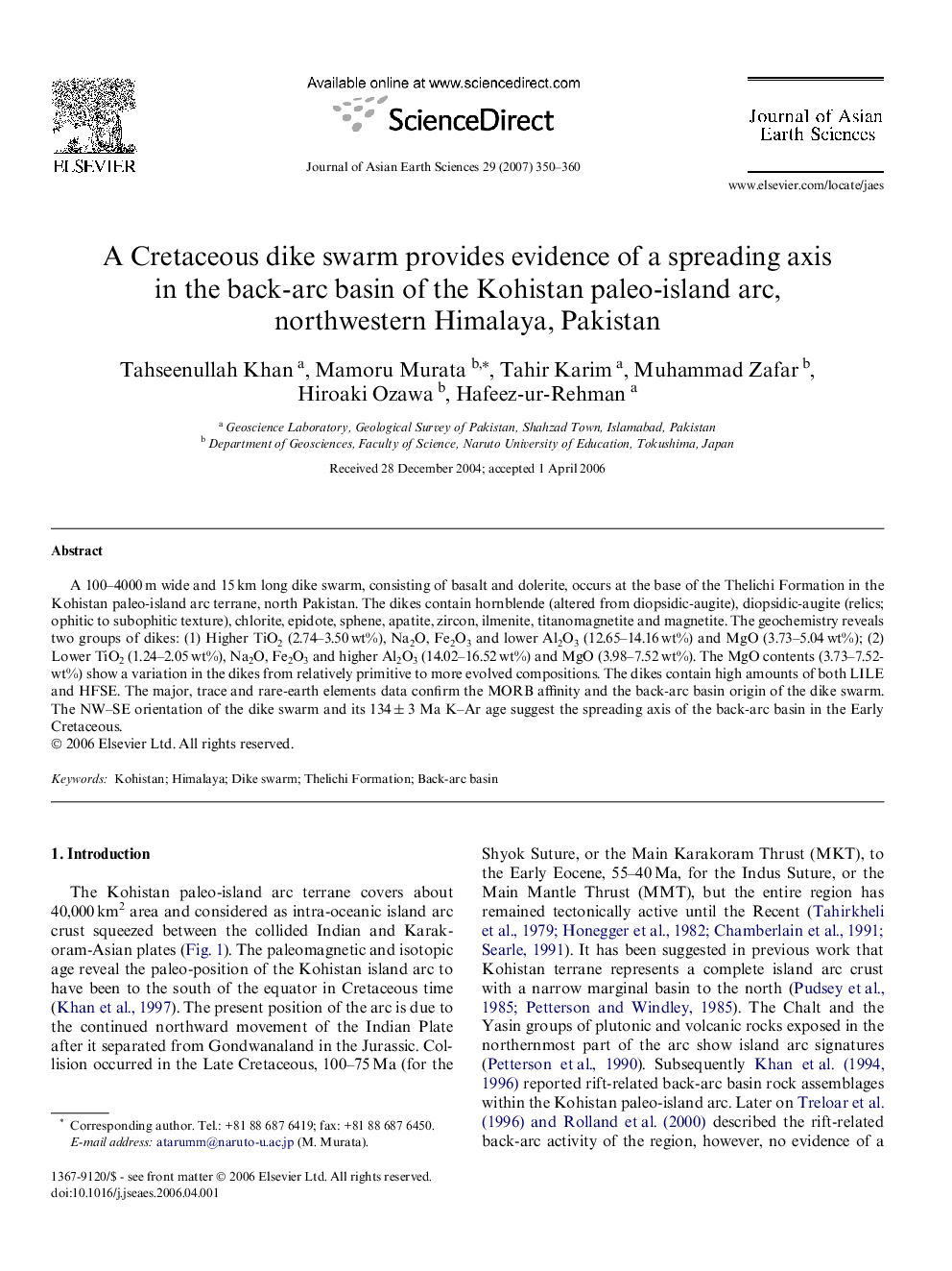 A Cretaceous dike swarm provides evidence of a spreading axis in the back-arc basin of the Kohistan paleo-island arc, northwestern Himalaya, Pakistan