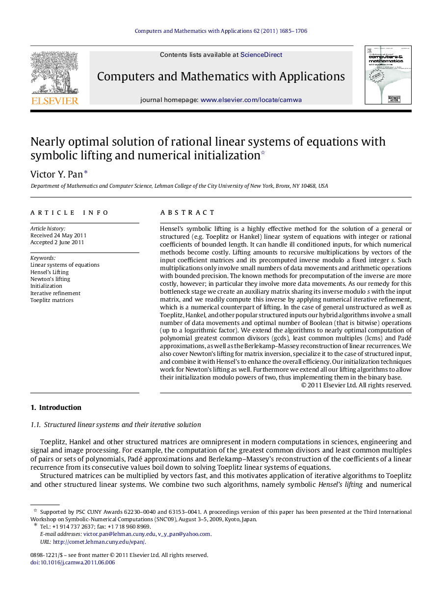 Nearly optimal solution of rational linear systems of equations with symbolic lifting and numerical initialization 