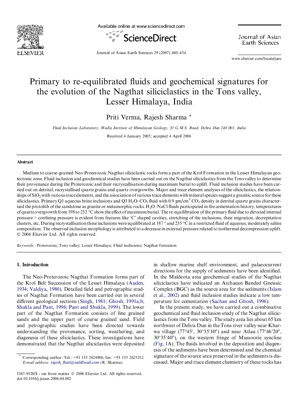 Primary to re-equilibrated fluids and geochemical signatures for the evolution of the Nagthat siliciclastics in the Tons valley, Lesser Himalaya, India