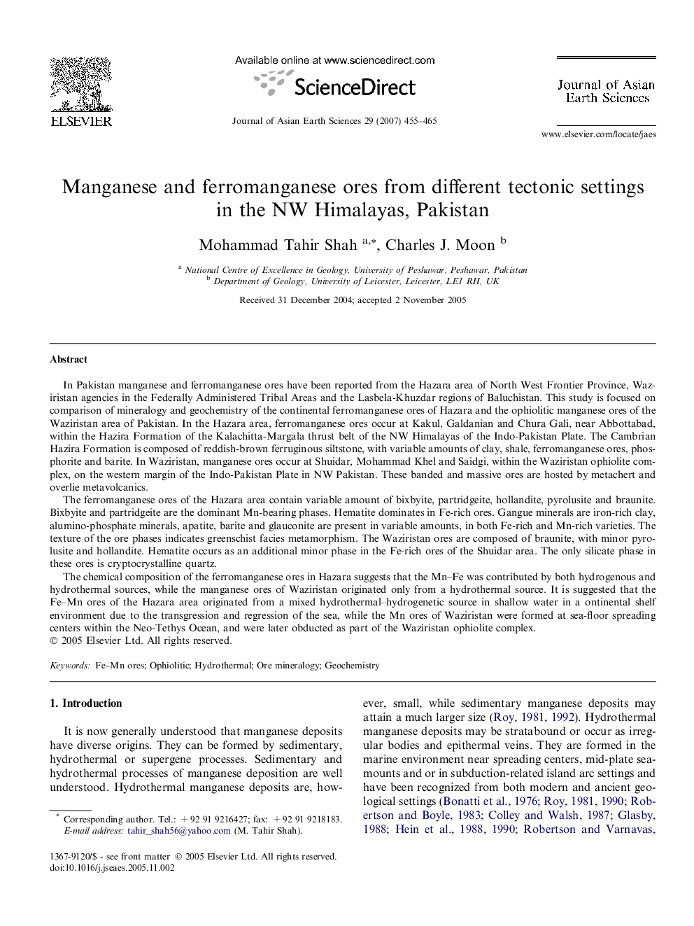 Manganese and ferromanganese ores from different tectonic settings in the NW Himalayas, Pakistan