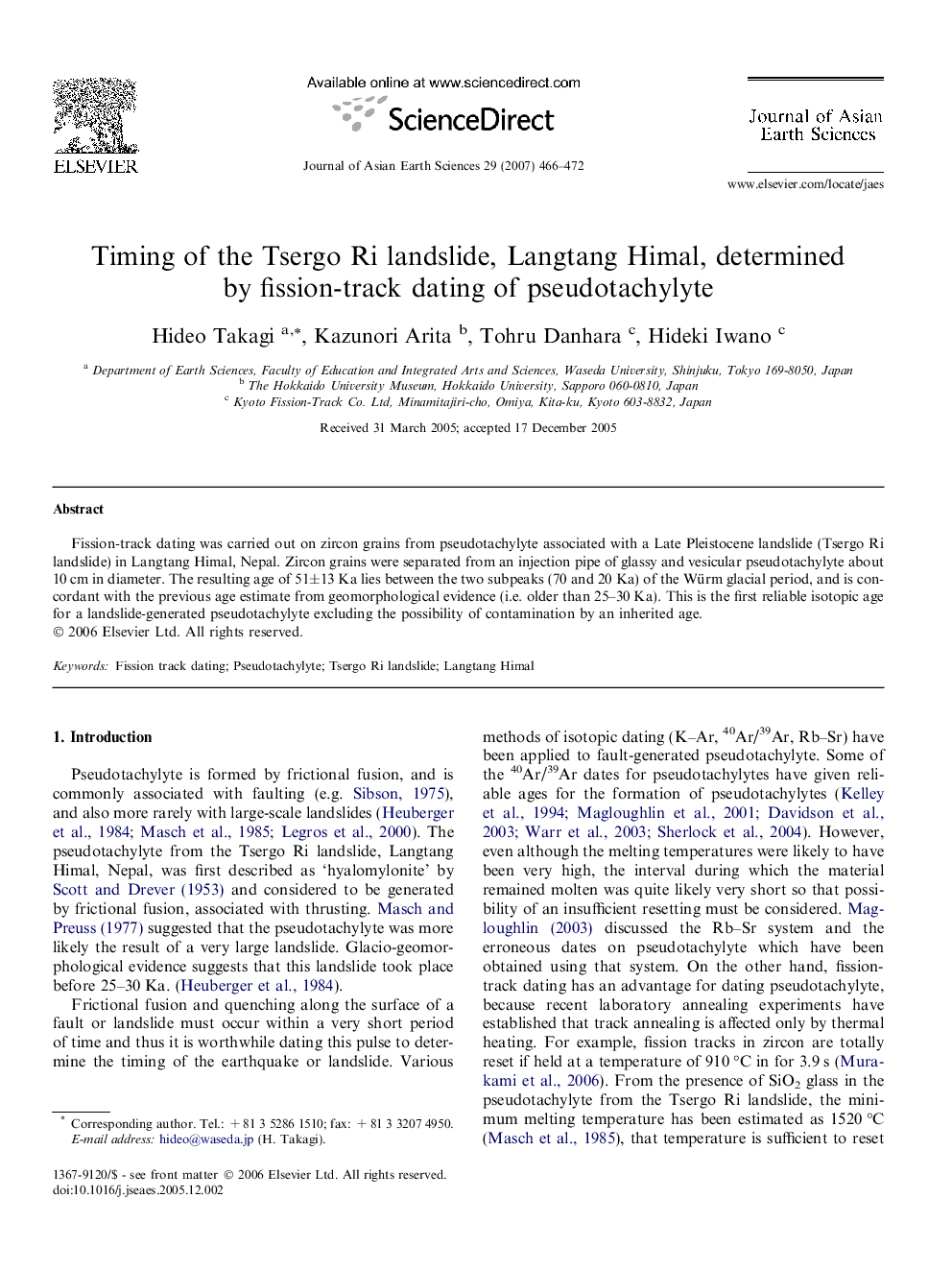 Timing of the Tsergo Ri landslide, Langtang Himal, determined by fission-track dating of pseudotachylyte